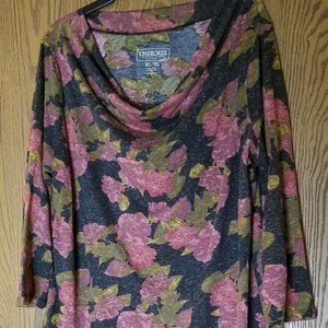 Three-Quarter Sleeve Cowl Neck Rose Print Blouse